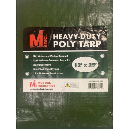 Mutual Industries Heavy Duty Tarp, 12 ft x 25 ft, 8 mil, Green, UV Resistant, Mildew Resistant 14964-39-1225